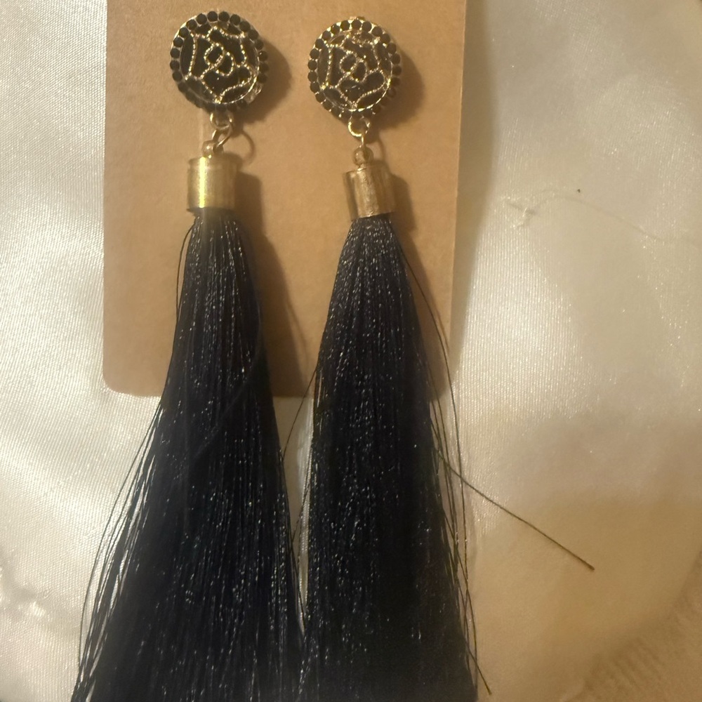 Elegant Black and Gold Tassel Earrings